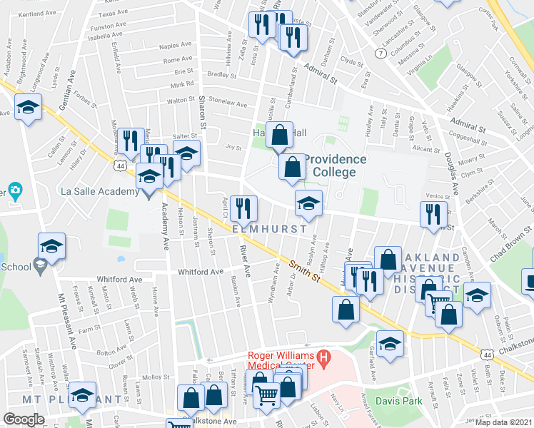 map of restaurants, bars, coffee shops, grocery stores, and more near 32 Quincy Street in Providence