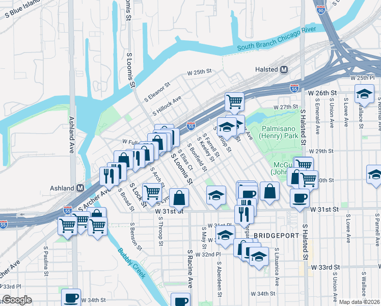 map of restaurants, bars, coffee shops, grocery stores, and more near 2950 South Bonfield Street in Chicago