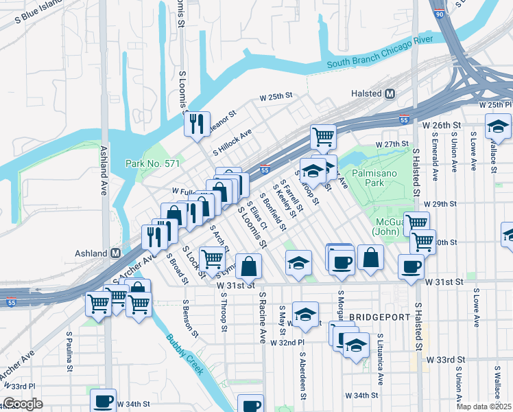 map of restaurants, bars, coffee shops, grocery stores, and more near 2928 South Loomis Street in Chicago