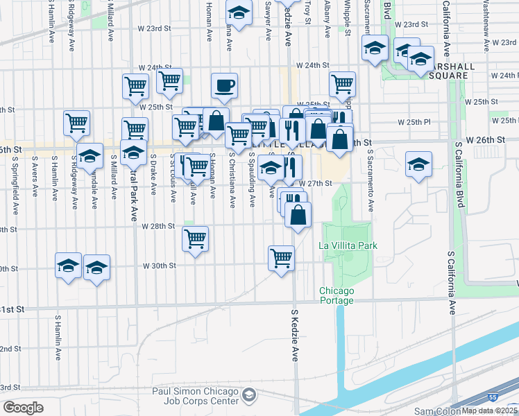 map of restaurants, bars, coffee shops, grocery stores, and more near 2800 South Sawyer Avenue in Chicago