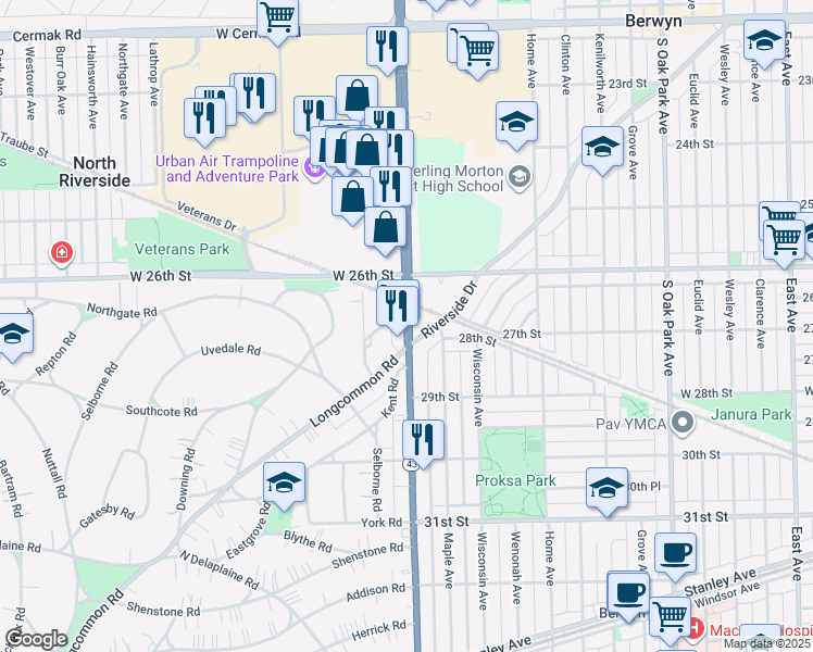 map of restaurants, bars, coffee shops, grocery stores, and more near 534 Longcommon Road in Riverside