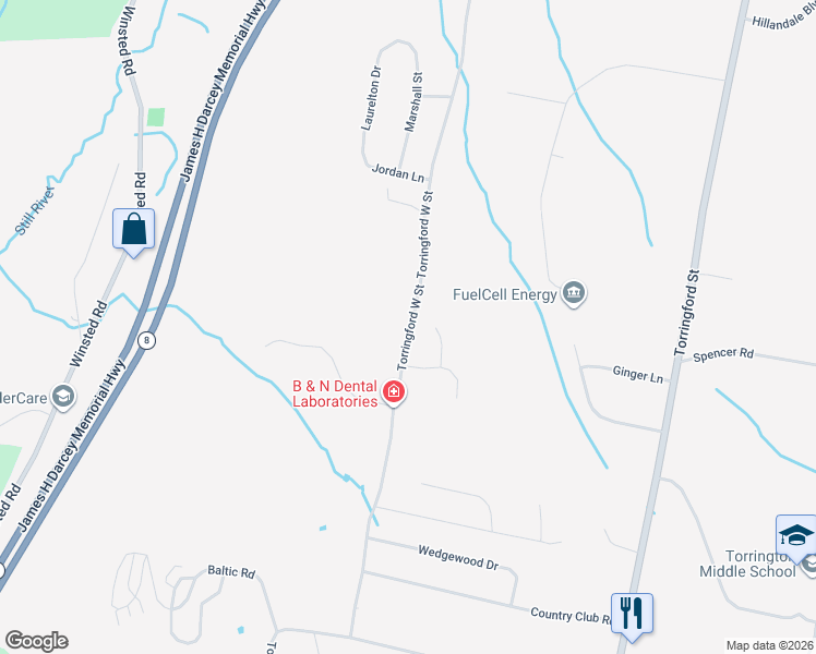 map of restaurants, bars, coffee shops, grocery stores, and more near 10 Larkspur Farm Road in Torrington