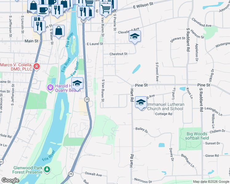 map of restaurants, bars, coffee shops, grocery stores, and more near 402 Kickapoo Avenue in Batavia