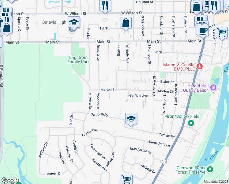 map of restaurants, bars, coffee shops, grocery stores, and more near 1128 Morton Street in Batavia