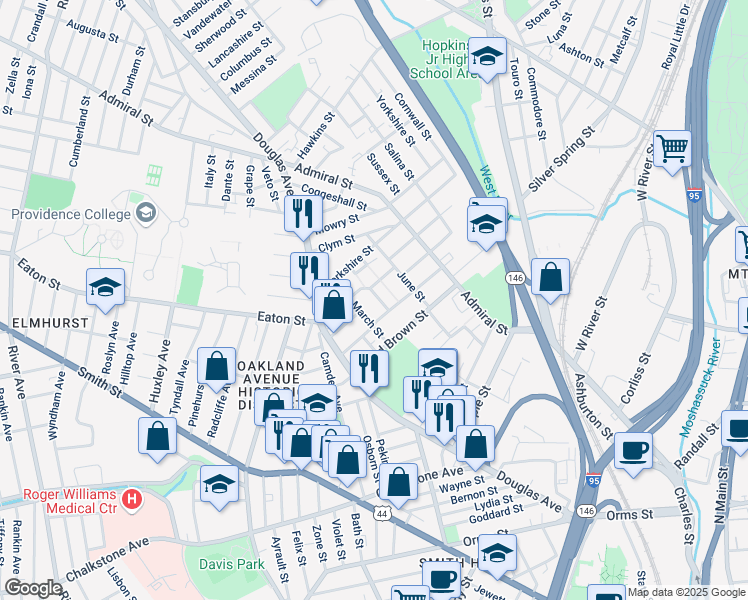 map of restaurants, bars, coffee shops, grocery stores, and more near 35 March Street in Providence