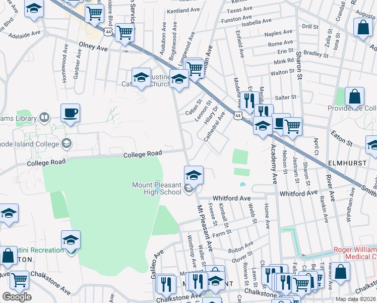 map of restaurants, bars, coffee shops, grocery stores, and more near 555 Mount Pleasant Avenue in Providence