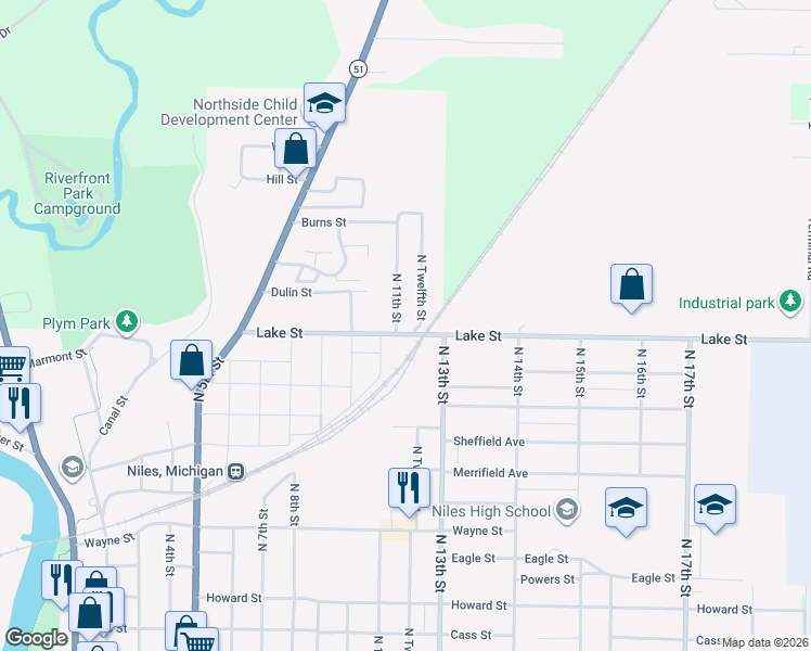 map of restaurants, bars, coffee shops, grocery stores, and more near 1120 Lake Street in Niles