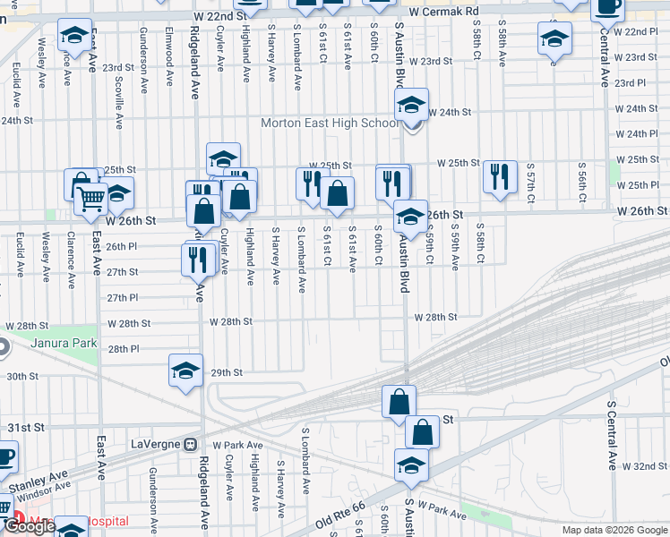 map of restaurants, bars, coffee shops, grocery stores, and more near 2714 South 61st Court in Cicero