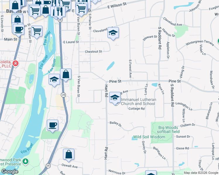 map of restaurants, bars, coffee shops, grocery stores, and more near 501 Young Avenue in Batavia