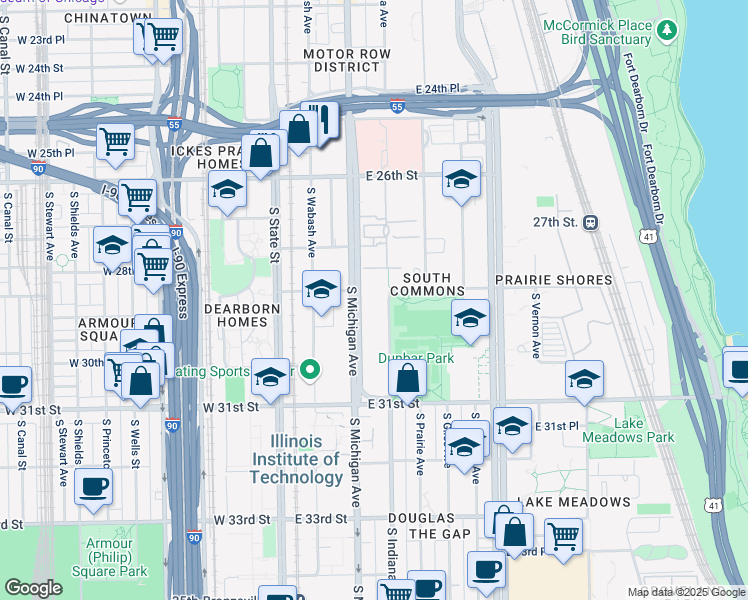 map of restaurants, bars, coffee shops, grocery stores, and more near 2901 South Michigan Avenue in Chicago