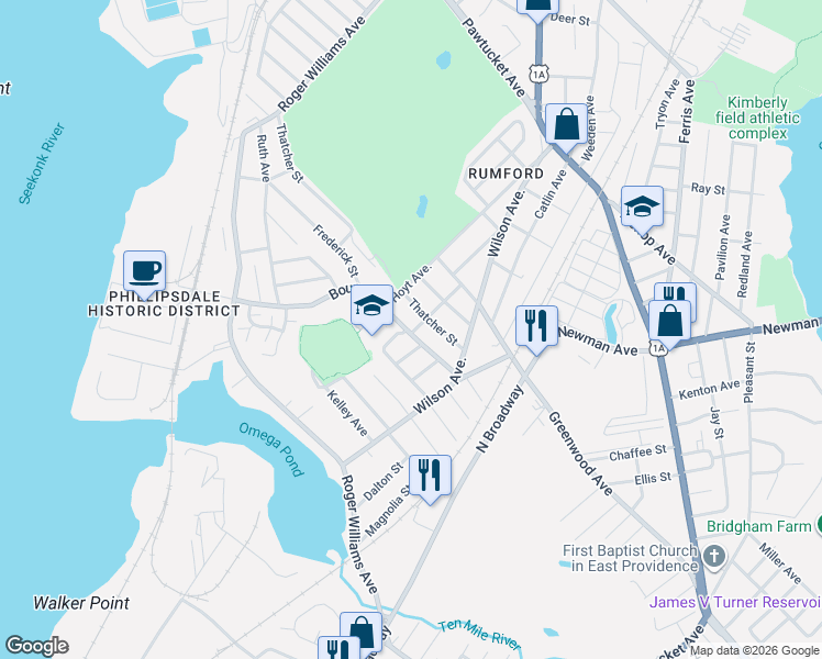 map of restaurants, bars, coffee shops, grocery stores, and more near 6 Holmes Avenue in East Providence