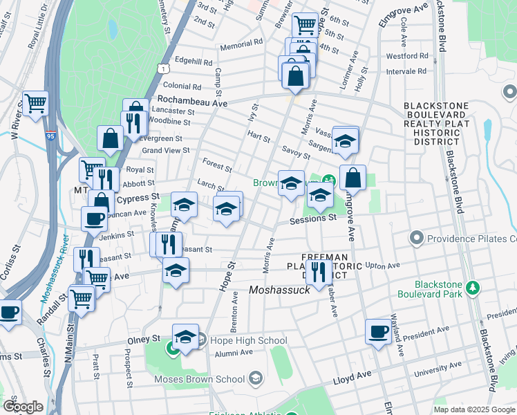 map of restaurants, bars, coffee shops, grocery stores, and more near 244 Cypress Street in Providence
