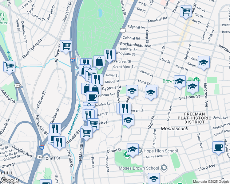 map of restaurants, bars, coffee shops, grocery stores, and more near 45 Padelford Street in Providence