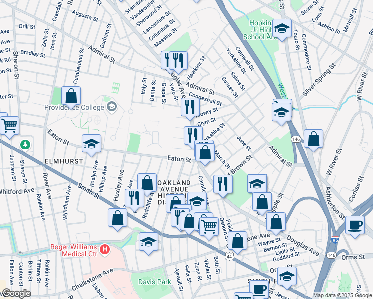 map of restaurants, bars, coffee shops, grocery stores, and more near 29 Eaton Street in Providence