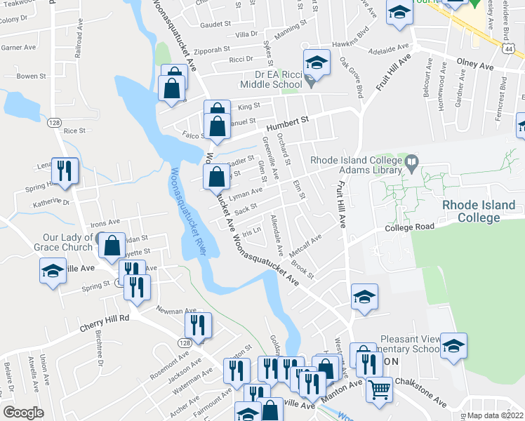 map of restaurants, bars, coffee shops, grocery stores, and more near 37 Allendale Avenue in North Providence