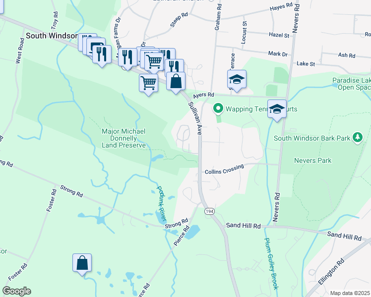 map of restaurants, bars, coffee shops, grocery stores, and more near 1156 Sullivan Avenue in South Windsor