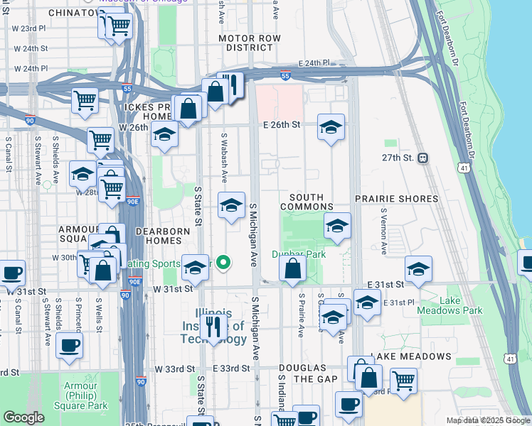 map of restaurants, bars, coffee shops, grocery stores, and more near 2941 South Indiana Avenue in Chicago