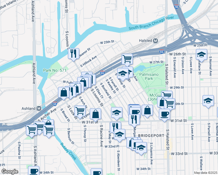 map of restaurants, bars, coffee shops, grocery stores, and more near 2950 South Bonfield Street in Chicago
