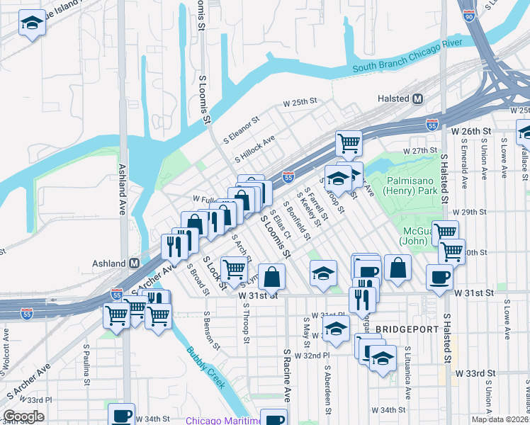 map of restaurants, bars, coffee shops, grocery stores, and more near 2928 South Loomis Street in Chicago