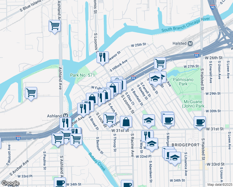 map of restaurants, bars, coffee shops, grocery stores, and more near 2910 South Haynes Court in Chicago