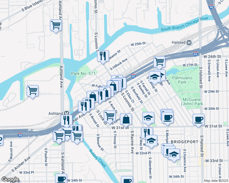 map of restaurants, bars, coffee shops, grocery stores, and more near 2910 South Haynes Court in Chicago