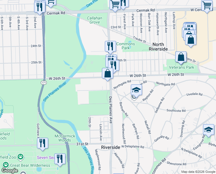 map of restaurants, bars, coffee shops, grocery stores, and more near 8005 27th Street in Riverside