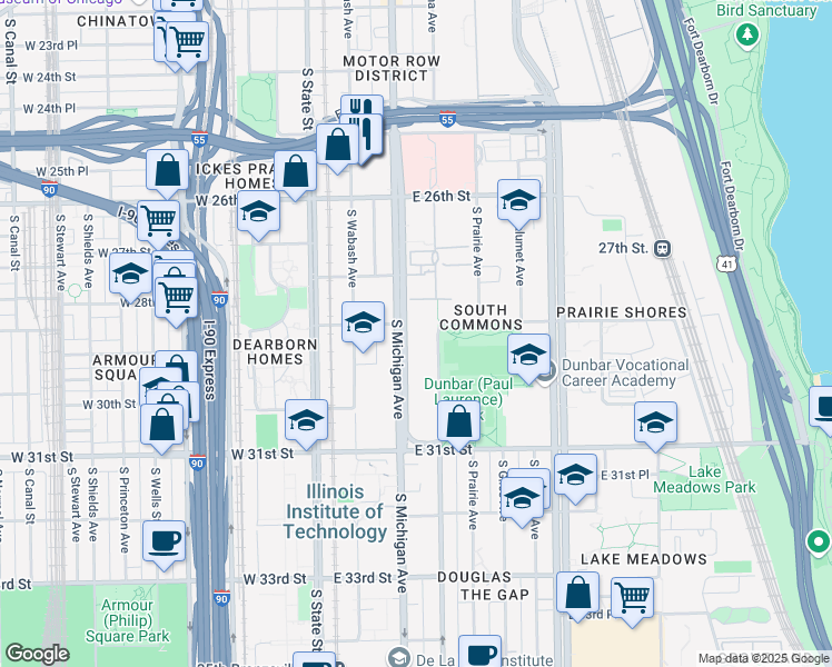 map of restaurants, bars, coffee shops, grocery stores, and more near 2941 South Indiana Avenue in Chicago
