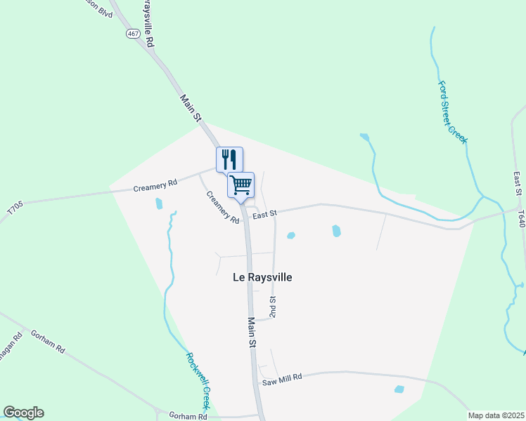 map of restaurants, bars, coffee shops, grocery stores, and more near East Street in Le Raysville