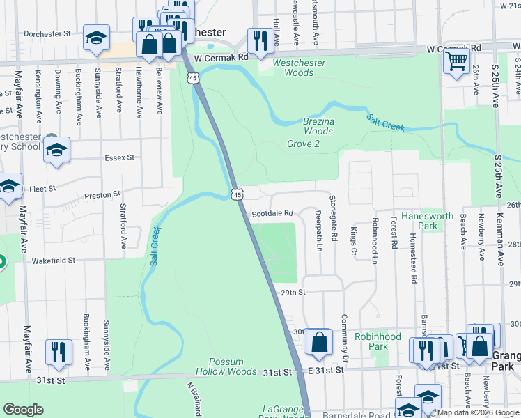 map of restaurants, bars, coffee shops, grocery stores, and more near 13 Scotdale Road in La Grange Park