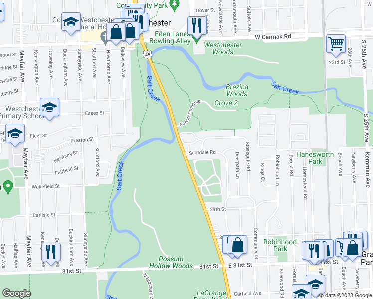 map of restaurants, bars, coffee shops, grocery stores, and more near 1 Scotdale Road in La Grange Park