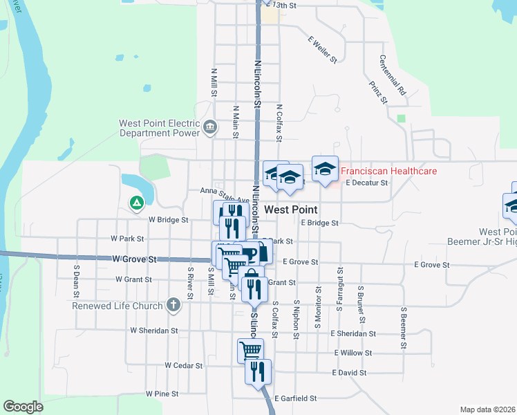 map of restaurants, bars, coffee shops, grocery stores, and more near 139 North Lincoln Street in West Point