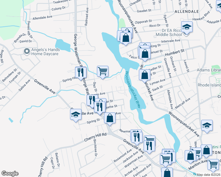 map of restaurants, bars, coffee shops, grocery stores, and more near 18 Endicott Street in Johnston