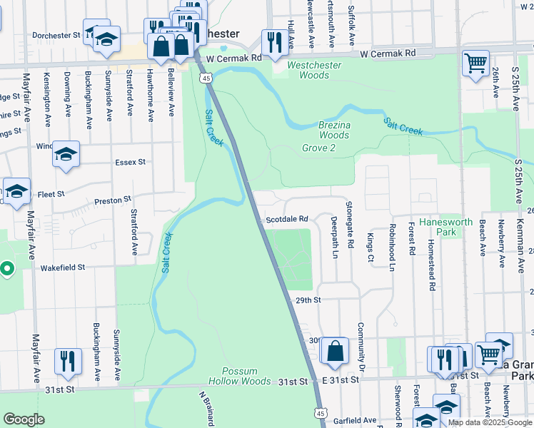 map of restaurants, bars, coffee shops, grocery stores, and more near 11 Garden Drive in La Grange Park