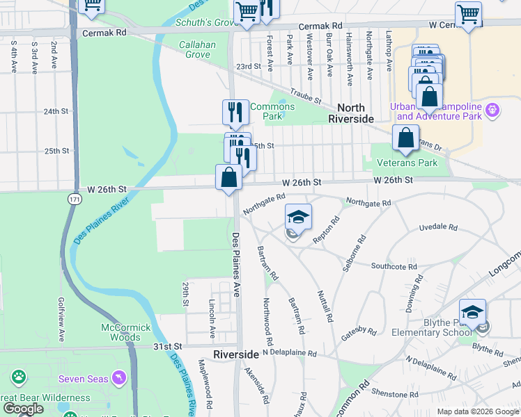 map of restaurants, bars, coffee shops, grocery stores, and more near 29 Northgate Road in Riverside