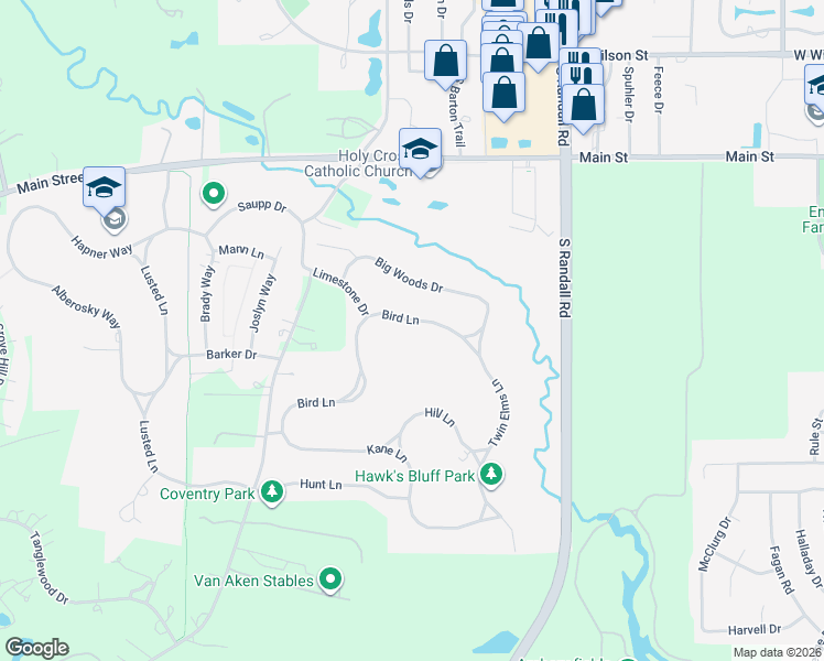 map of restaurants, bars, coffee shops, grocery stores, and more near 2309 Bird Lane in Batavia