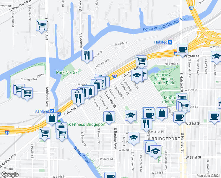 map of restaurants, bars, coffee shops, grocery stores, and more near 2909 South Elias Court in Chicago