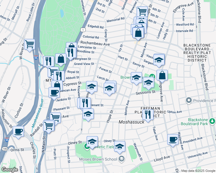 map of restaurants, bars, coffee shops, grocery stores, and more near 64 Larch Street in Providence