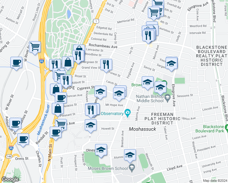 map of restaurants, bars, coffee shops, grocery stores, and more near 30 Larch Street in Providence