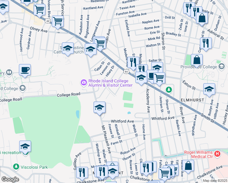 map of restaurants, bars, coffee shops, grocery stores, and more near 22 Lois Avenue in Providence