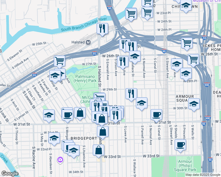 map of restaurants, bars, coffee shops, grocery stores, and more near 2835 South Emerald Avenue in Chicago
