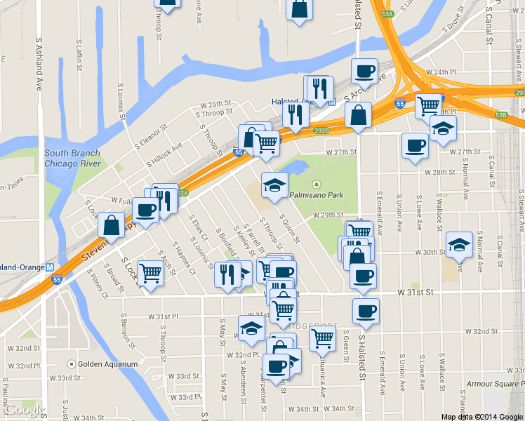map of restaurants, bars, coffee shops, grocery stores, and more near 2833 South Throop Street in Chicago