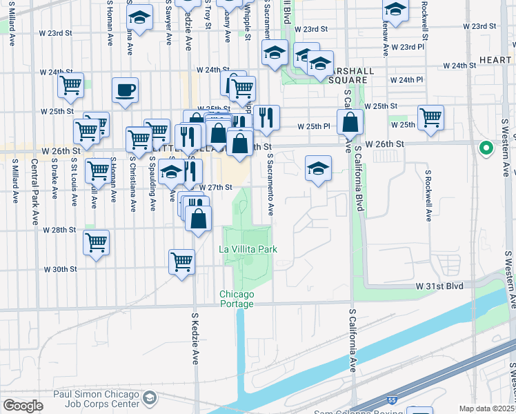 map of restaurants, bars, coffee shops, grocery stores, and more near 2704 South Sacramento Avenue in Chicago