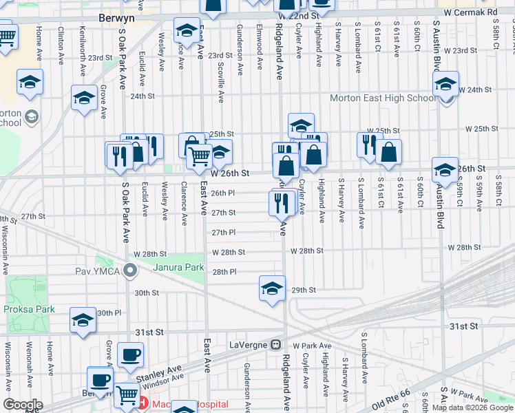 map of restaurants, bars, coffee shops, grocery stores, and more near 6419 26th Place in Berwyn