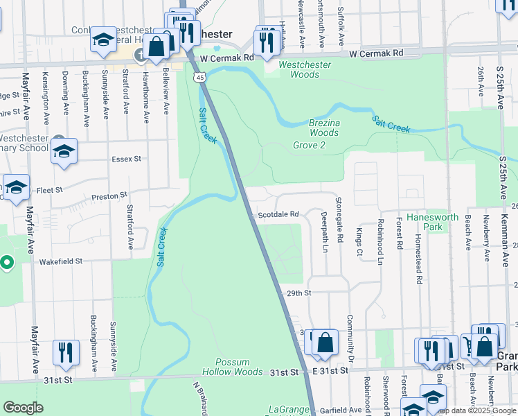 map of restaurants, bars, coffee shops, grocery stores, and more near 11 Garden Drive in La Grange Park