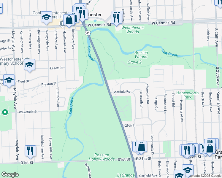 map of restaurants, bars, coffee shops, grocery stores, and more near 11 Garden Drive in La Grange Park