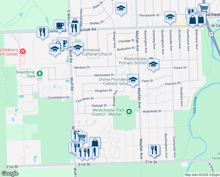 map of restaurants, bars, coffee shops, grocery stores, and more near 10912 Nelson Street in Westchester