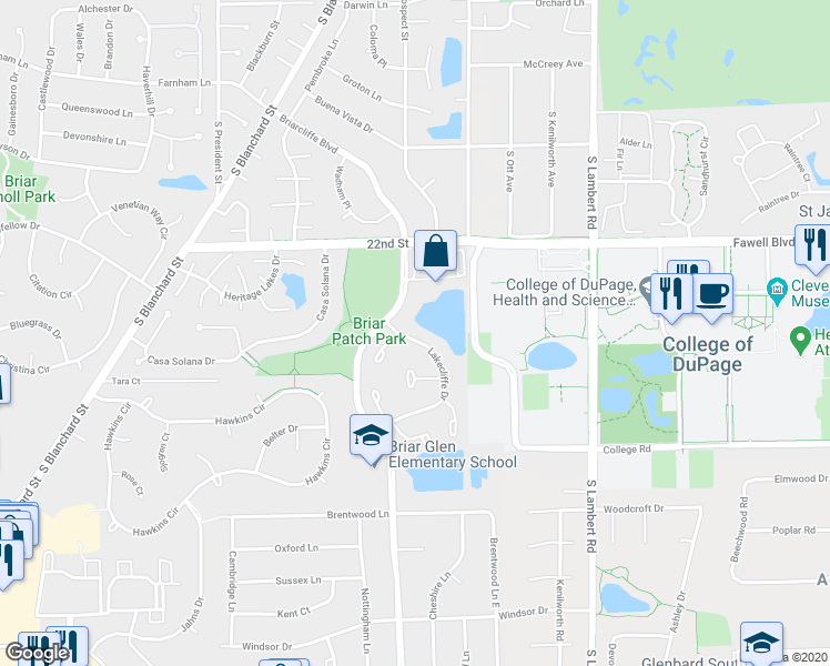 map of restaurants, bars, coffee shops, grocery stores, and more near 1699 Briarcliffe Boulevard in Wheaton