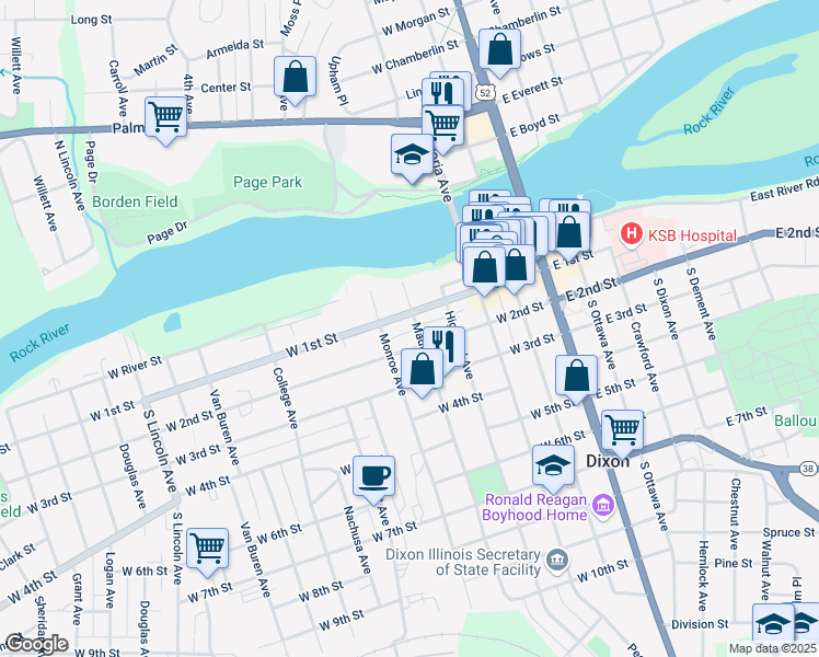 map of restaurants, bars, coffee shops, grocery stores, and more near 511 West 1st Street in Dixon