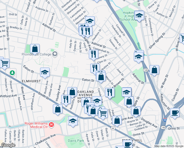 map of restaurants, bars, coffee shops, grocery stores, and more near 17 Liege Street in Providence