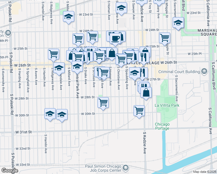 map of restaurants, bars, coffee shops, grocery stores, and more near 2701 South Homan Avenue in Chicago